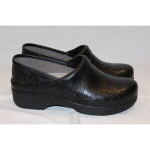 Dansko Professional Women's Black Tooled Filigree Leather Clogs EU 37 NIB
